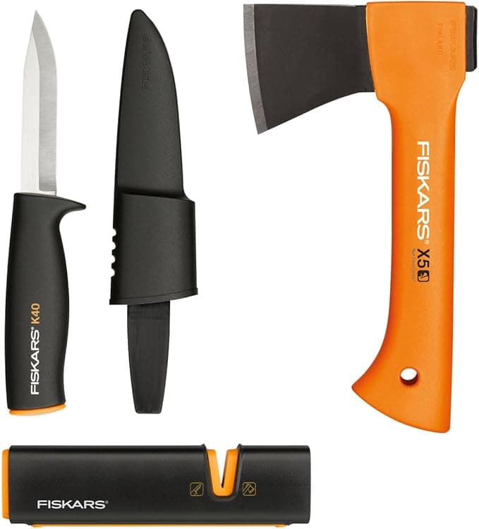 Zestaw Fiskars X5 siekiera + noż + ostrzałka